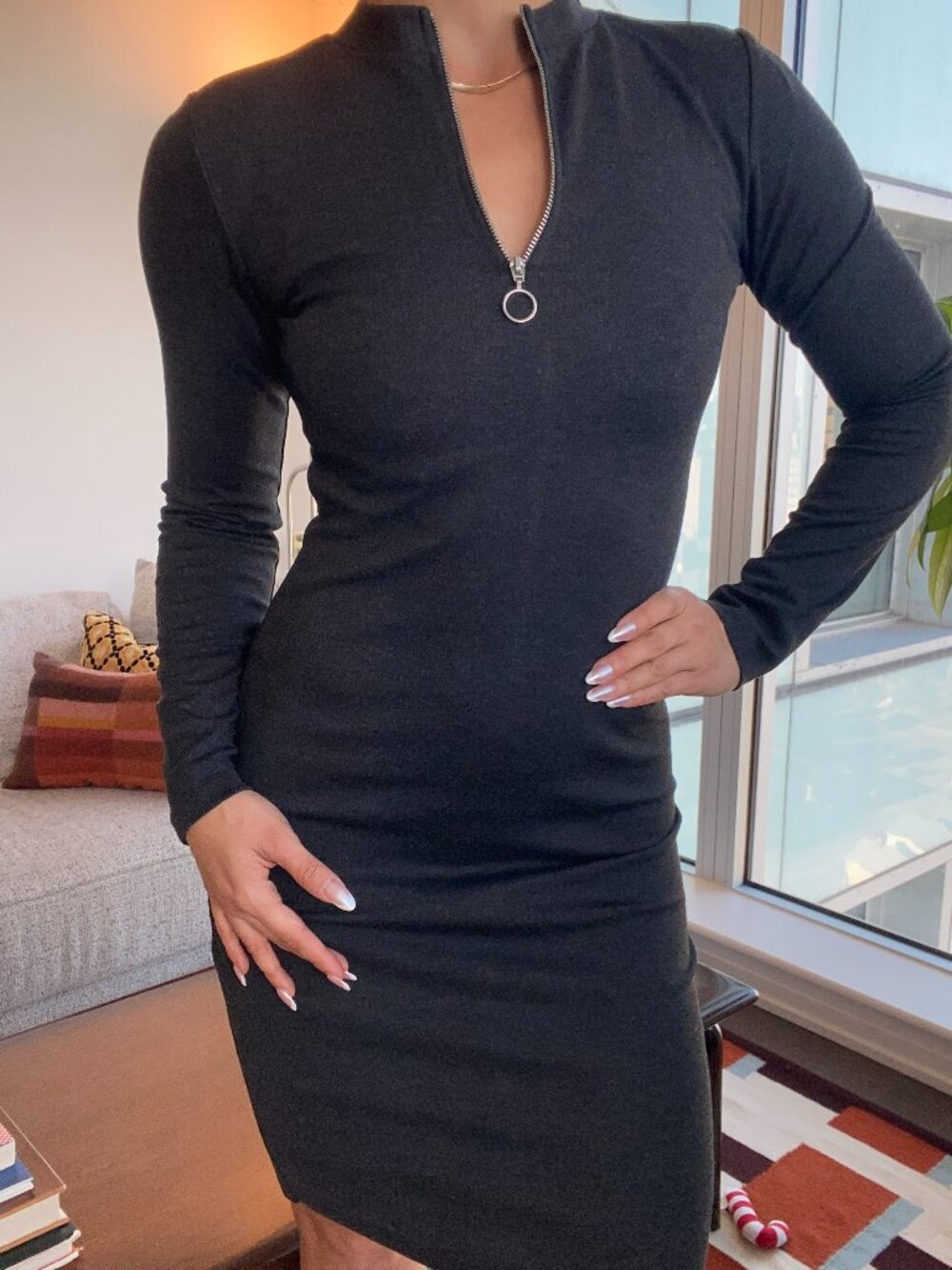 Charcoal Grey Fitted Mini Dress Ring Zip Mock Neck Size S